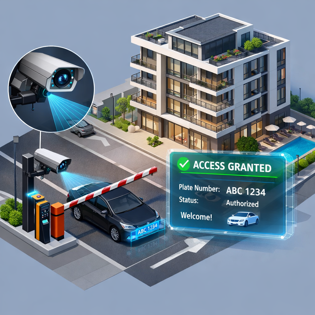 AI-Vision camera scanning a vehicle plate at a condominium gate — access granted